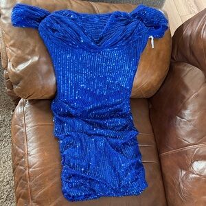 Off-Shoulder Sequin Mini Dress in Royal Blue